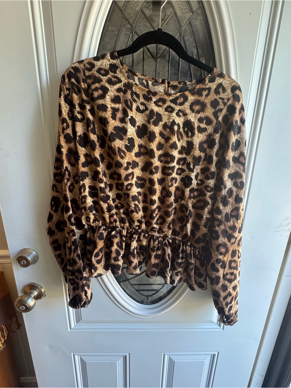 Women’s L Leopard Print Peplum Blouse Long Sleeve Animal Print Top